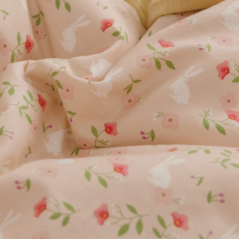 BlueBlue Rabbit Duvet Cover Set Twin 100% Cotton Bedding for Kids Boys Girls Teens Single Bed Cartoon Bunny Garden Floral on Pink 1 Reversible Check Comforter Cover with Zipper Ties 2 Pillowcases - Image 5